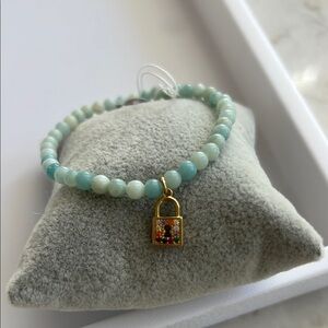 Genuine Amonzite Bracelet with cubic zirconia padlock Lock Charm